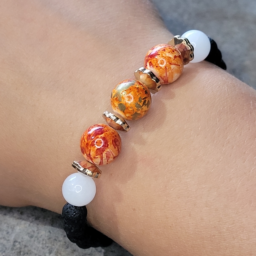 Quartz & Ceramic Swirl Handmade Lava Bead Bracelet
